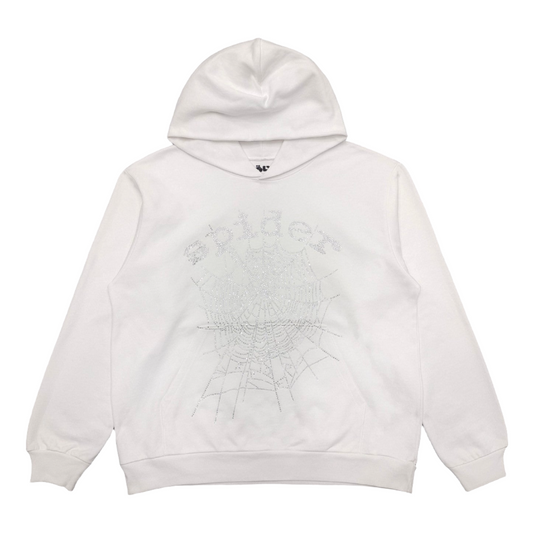 Sparkling Sp5der OG Rhinestone Logo Hoodie in Elegant White