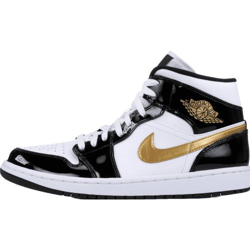 Elevate Your Style with the JORDAN 1 MID in Sleek Patent Black, White, and Gold